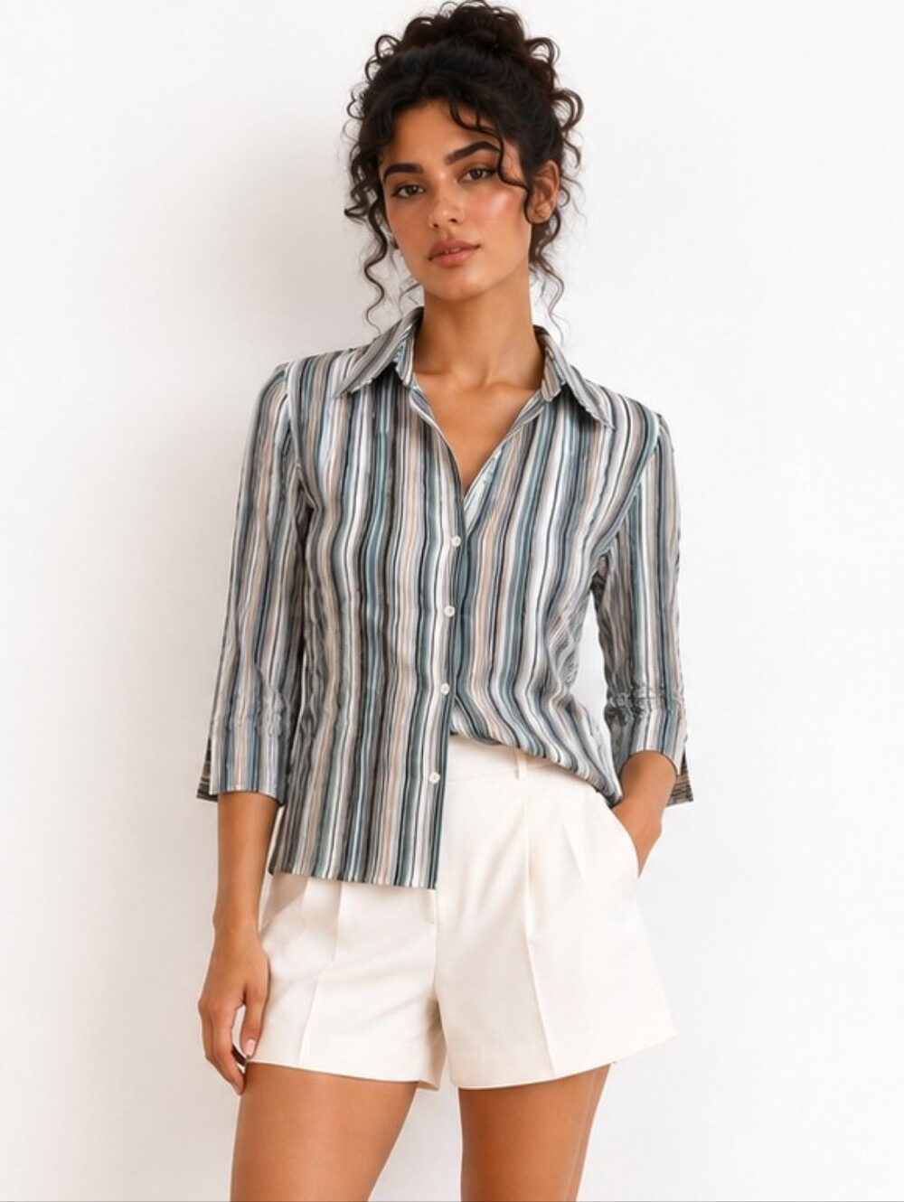 Apt. 9 Petite PM Teal Gray Striped Crinkle Blouse 3/4 Sleeve Coastal Chic